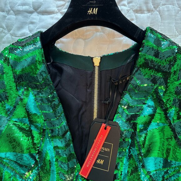 BALMAIN X Giambattista Conscious Exclusive H&M GREEN SEQUINS MINI DRESS SIZE 8 - Picture 2 of 4